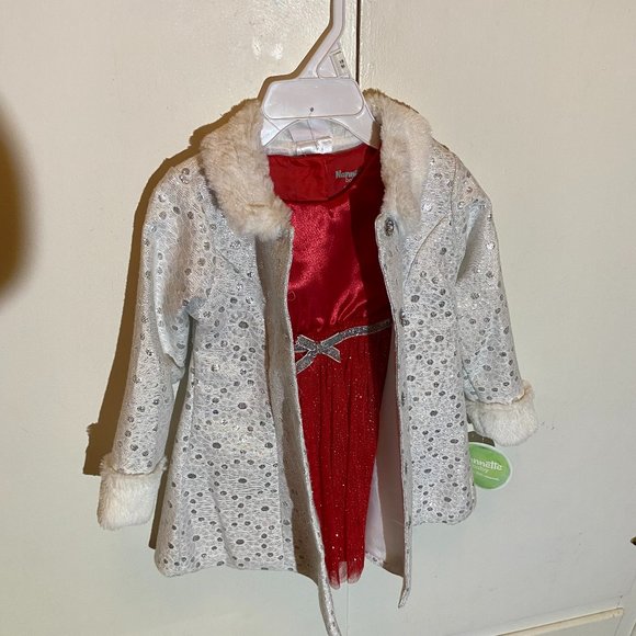 Nanette Baby Other - Nannette Baby Girl 2pc. White Sparkly Coat/Red Dress